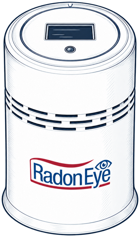 Line drawing of cylindrical RadonEye RD200 with top display and three vent rows